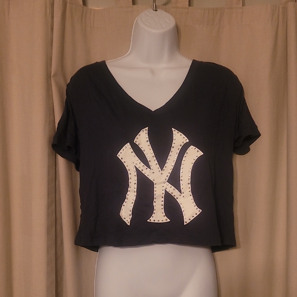 PINK Victoria's Secret Tops - PINK Victoria's Secret Cropped Tee with Studded White NY Yankees Logo